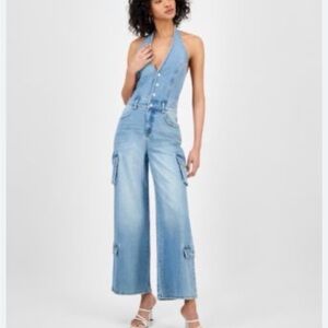 Bar iii Brand Women's Denim Halter Cargo-Pocket Jumpsuit Size Med NWT